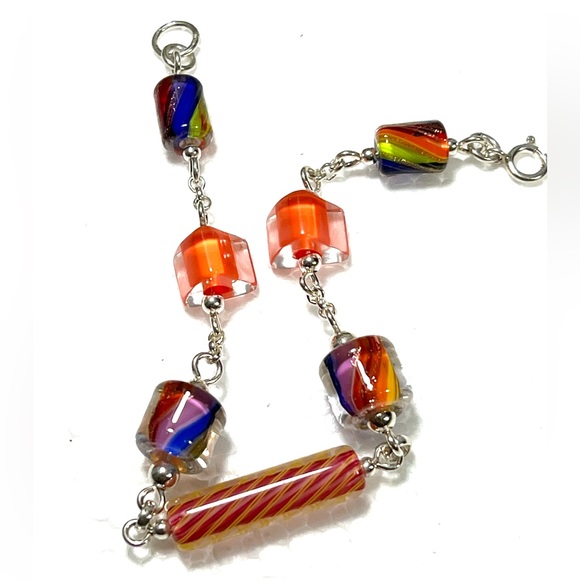 LAMPWORK MORANO BARREL BRACELET STERLING SILVER RAINBOW - Picture 1 of 4